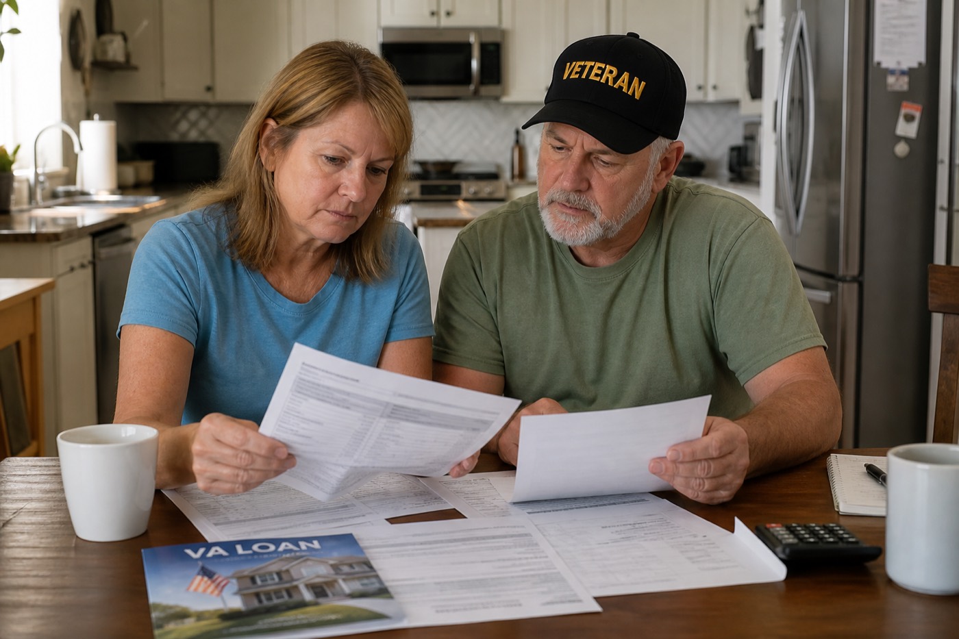 Veteran couple reviewing home-loan paperwork at a kitchen table