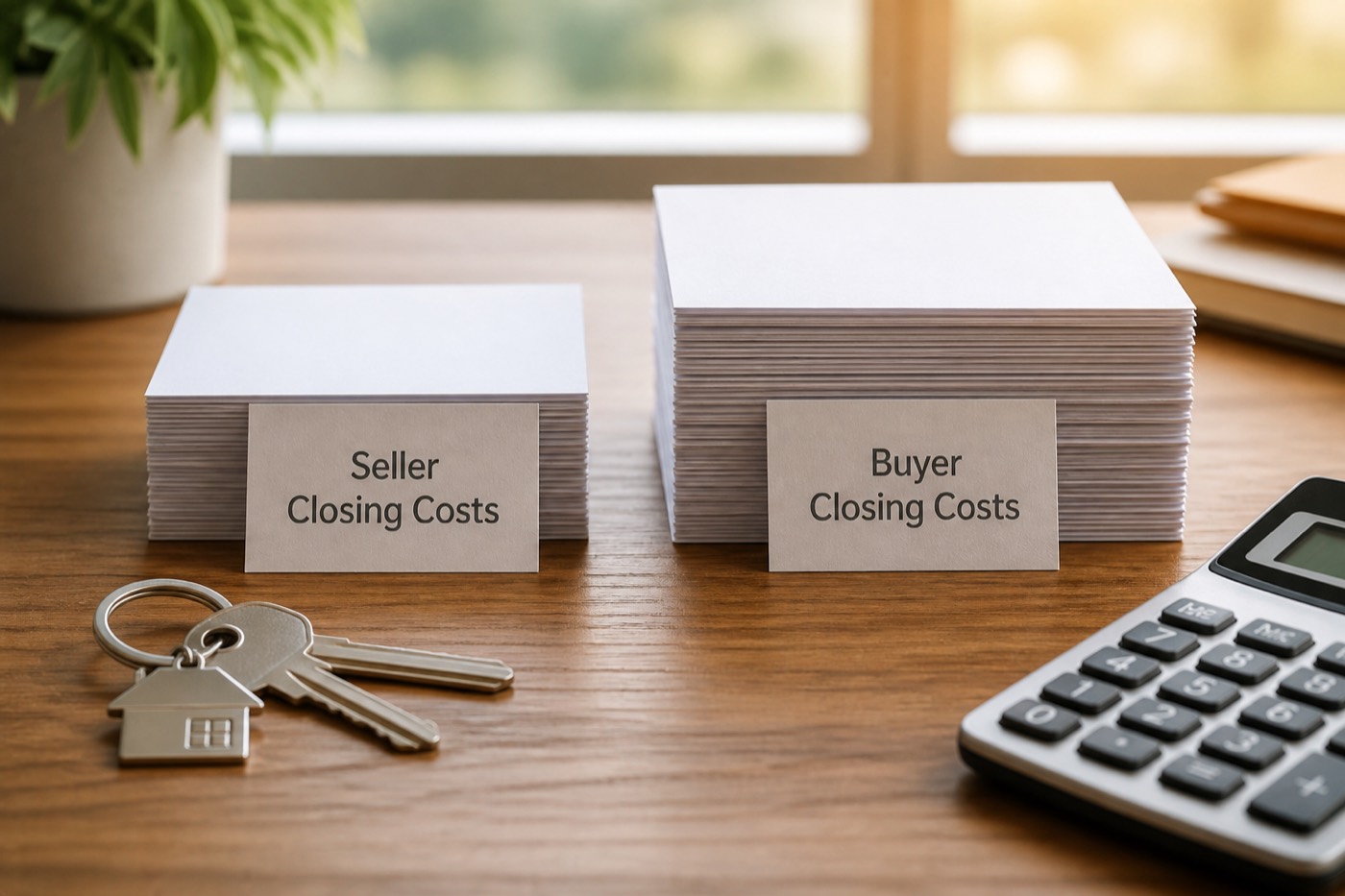 Two stacks of closing-cost paperwork compared on a desk with house keys